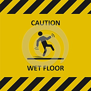 Caution, wet floor. Warning sign. Falling person silhouette. Industrial tape. Vector