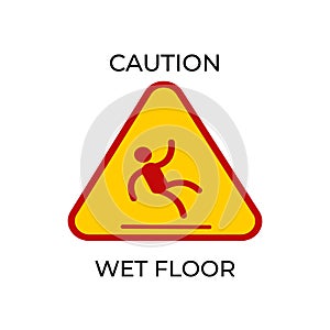 Caution wet floor and warning sign isolated on white background. Isolated vector illustration.