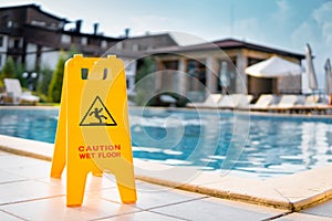 Caution wet floor warning sign near pool