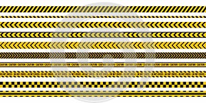 Caution yellow tape. Police stripe, crime scene, do not cross lines. Restricted area yellow stripe. Set of seamless warning tapes