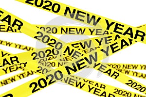 Caution Yellow Tape Strips with 2020 New Year Sign. 3d Rendering