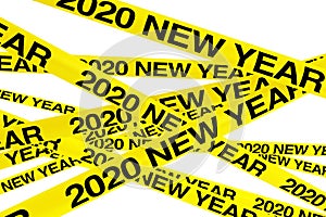 Caution Yellow Tape Strips with 2020 New Year Sign. 3d Rendering