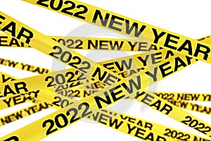 Caution Yellow Tape Strips with 2022 New Year Sign. 3d Rendering