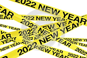 Caution Yellow Tape Strips with 2022 New Year Sign. 3d Rendering