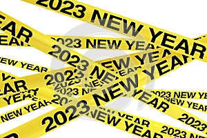 Caution Yellow Tape Strips with 2023 New Year Sign. 3d Rendering