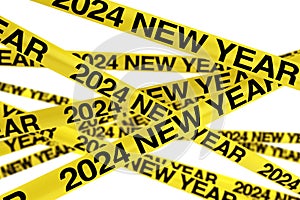 Caution Yellow Tape Strips with 2024 New Year Sign. 3d Rendering