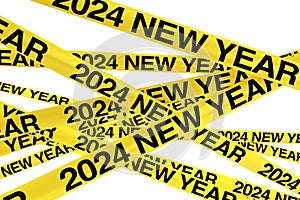 Caution Yellow Tape Strips with 2024 New Year Sign. 3d Rendering