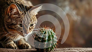 A cautious tabby cat cautiously sniffs a potted cactus, its sharp spines contrasting with the feline's soft fur and