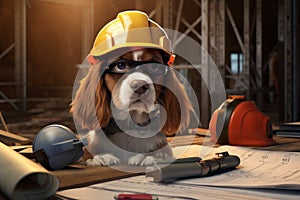 The cavalier king charles spaniel dog in a helmet and goggles