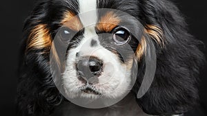 Cavalier King Charles Spaniel Dog Studio Portrait Isolated Over Black Background. Extremely close up portrait