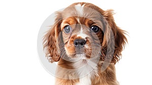 Cavalier King Charles Spaniel puppy in hands,close-up. Companion for the elderly, best friend for children. Postcard. Concept of