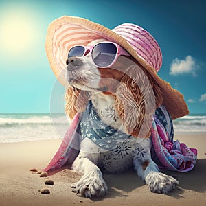 Cavalier king dog summer beach outfit. Summer cavalier king charles spaniel dog wearing hat and sunglasses attire.