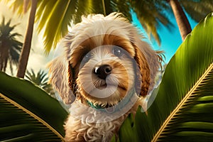 Cavapoo puppy on holiday at tropical beach