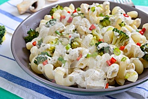 Cavatappi pasta with broccoli, red pepper and cream sauce in a bowl. Vegetarian dish. Delicious wholesome food. Proper nutrition