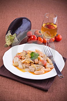 Cavatelli with swordfish and eggplant. photo
