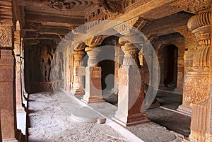 Cave 1 : Carved sculptures of the goddesses Lakshmi and Parvati flanking Harihara, Badami Caves, Karnataka. Interior, left side wa