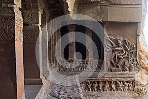 Cave 1: Dancing Shiva, Nataraja on the right side wall of the facade, Badami Caves, Karnataka. Steps leading to the second cave ar