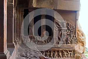 Cave 1: Dancing Shiva, Nataraja on the right side wall of the facade, Badami Caves, Karnataka. Steps leading to the second cave ar