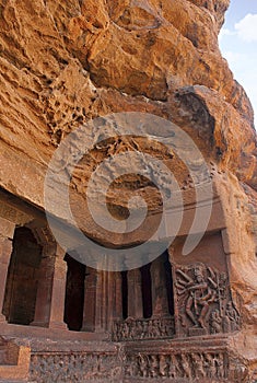 Cave 1: Dancing Shiva, Nataraja on the right side wall of the facade, Badami Caves, Karnataka. Steps leading to the second cave ar