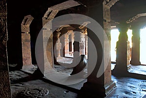 Cave 1: Interior view of a 18 pillared hall. Badami Caves, Karnataka.