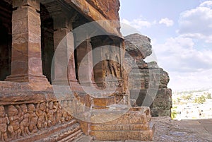 Cave 2 : Facade, right side view. Badami Caves, Karnataka, India. Depicting carvings of dwarfish ganas, with bovine and equine hea