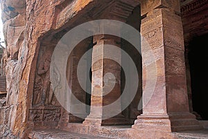 Cave 2 : Facade, right side view. Badami Caves, Karnataka, India. Depicting carvings of dwarfish ganas, with bovine and equine hea