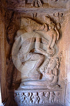 Cave 2 : Varaha avatara boar incarnation of Lord Vishnu, Badami Caves, Karnataka