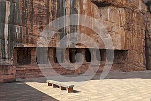 Cave 3: Entrance. Pillared verandah or facade. Badami Caves, Karnataka. It is 70 feet, 21 m, in length with an interior width of 6