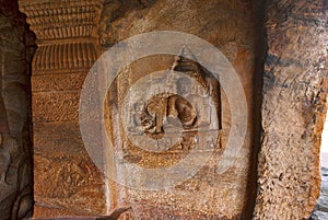 Cave 4 : Jaina Tirthankara Mahavira image engraved on the wall. Badami caves, Badami, Karnataka.