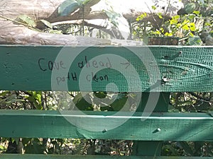 Cave ahead path clean sign and green wood and trees in the Guajataca forest in Puerto Rico