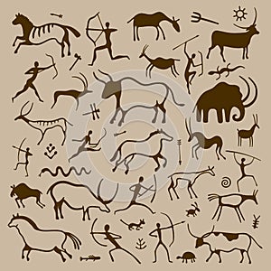 Cave art. Hand drawn primitive ancient symbols of prehistoric hunters animals plants and ornaments, history and