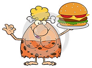 Cave Blonde Woman Cartoon Mascot Character Holding A Big Burger And Gesturing Ok