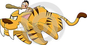 Happy Caveman Kid Ride Saber-Toothed Tiger. Cartoon Characters photo