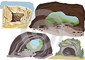 Cave burrow dwellings of ancient man rocks stones nature primeval ancient world hand drawn sketch big set separately