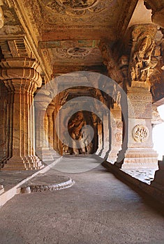 Badami Caves, Karnataka, India. Cave 3 : Carved figure of Vishnu as Narasimha, half human, half lion. Brackets of pillars, has car photo