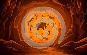 Cave with cave drawings. Cartoon mountain scene background Primitive cave paintings. ancient petroglyphs.