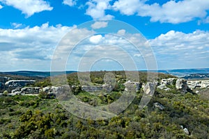 Cave city Eski-Kermen, near the city of Bakhchisaray, Crimea. Aerial panoramic view