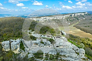 Cave city Eski-Kermen, near the city of Bakhchisaray, Crimea. Aerial shot