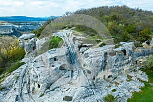 Cave city Eski-Kermen, near the city of Bakhchisaray, Crimea. Aerial view