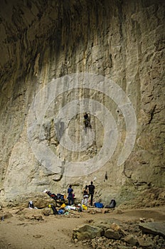 Cave climbing in Prohodna Cave, Bulgaria