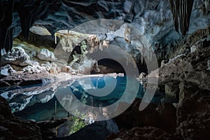 cave with crystal-blue water, and spelunking formations visible in the background