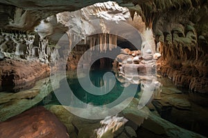 cave with crystal-clear pool of water, surrounded by spelunking formations