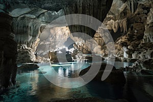 cave with delicate spelunking formations and crystal clear water