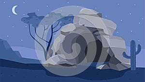 Cave in a desert at night. Vector illustration in cartoon flat style.