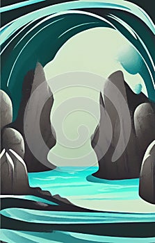 Cave entrance with a river and a view on a fantasy landscape
