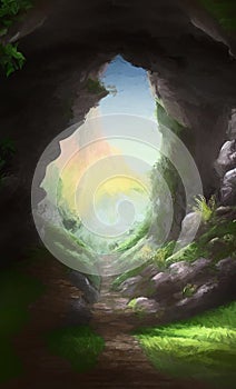 Cave entrance with a view on a fantasy landscape