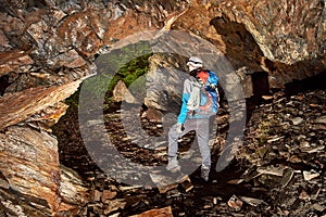 Cave exploration with helmet and headlight