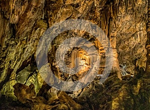 Cave Grotte des Grandes Canalettes in French Pyrenees Catalunya full of stalagmites and stalactites beautiful scenery in geologic