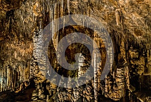 Cave Grotte des Grandes Canalettes in French Pyrenees Catalunya full of stalagmites and stalactites beautiful scenery in geologic