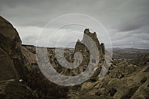 Cave houses with stairs made of rock naturally in Cappadocia Urgup Turkey